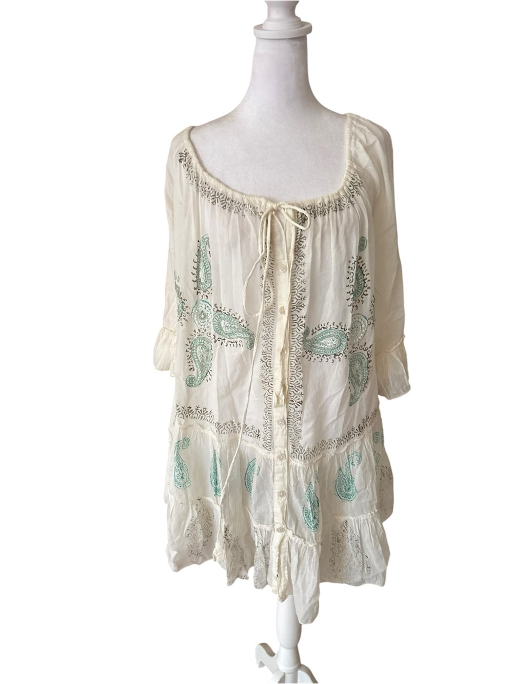 Bohemian Embroidered Peasant Tunic - Cream with Mint Accents